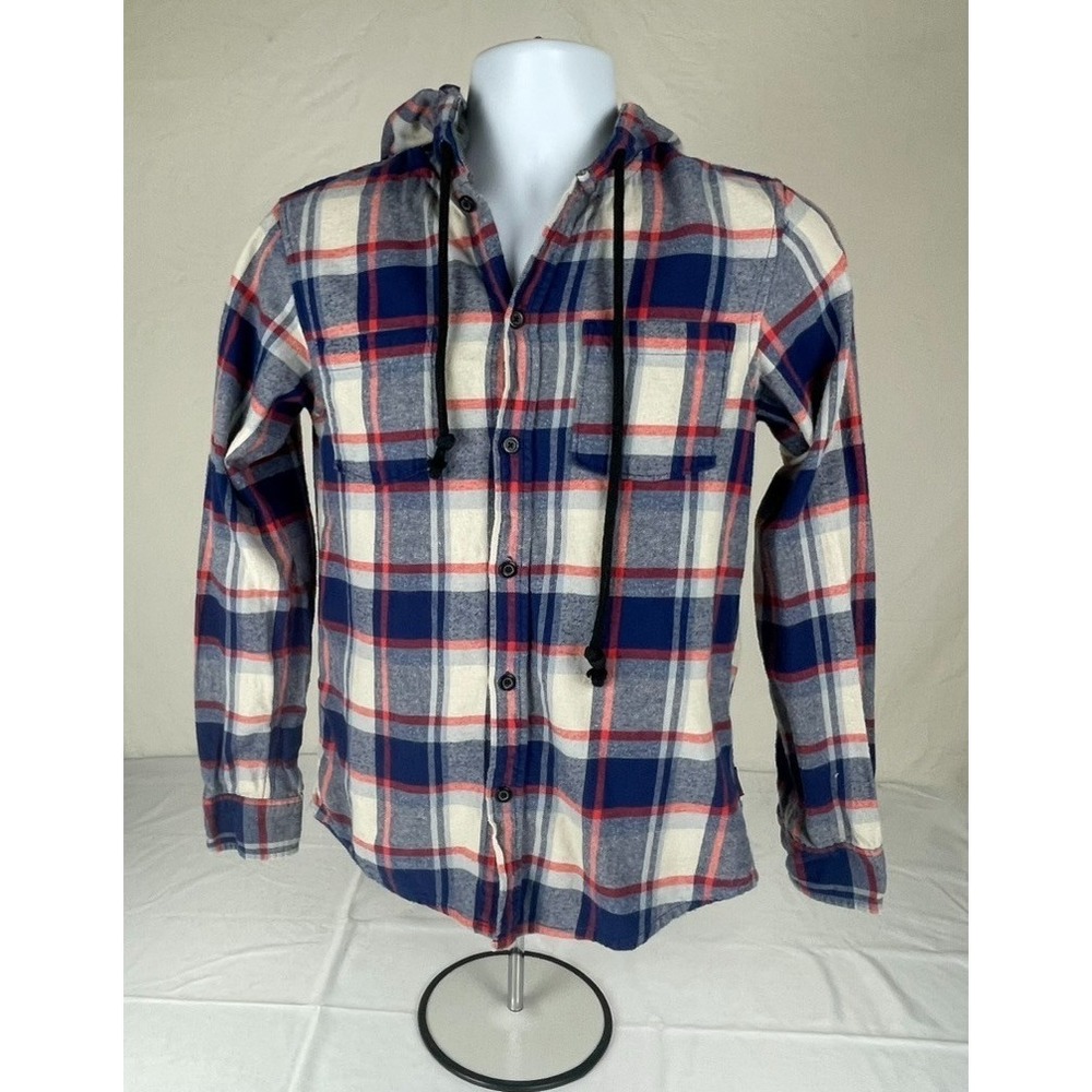 QUIKSILVER MENS SMALL HOODED‎ FLANNEL SHIRT BLUE RED PLAID BUTTON-FRONT COTTON